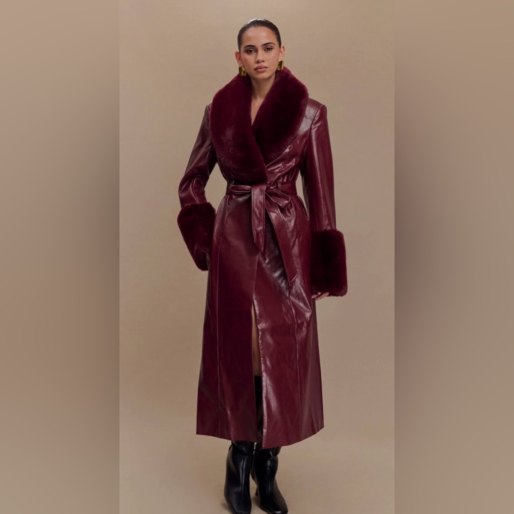 Meshki Faux Leather Trench Coat With Faux Fur - Cherry Red